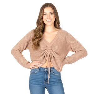 Full Circle Trends Rose Pink Cinch Front Crop Sweater Medium